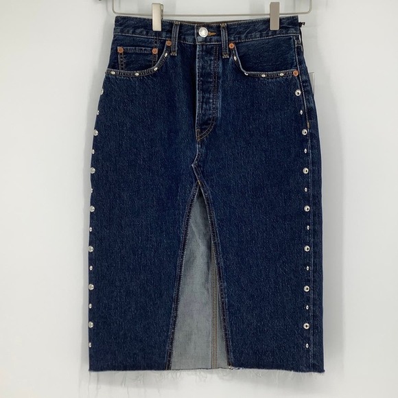 NEW! RE/DONE Sz 26 Midi Denim Skirt Heritage Rinse Stud Blue Jean $395 msrp I9-6 - Picture 2 of 10